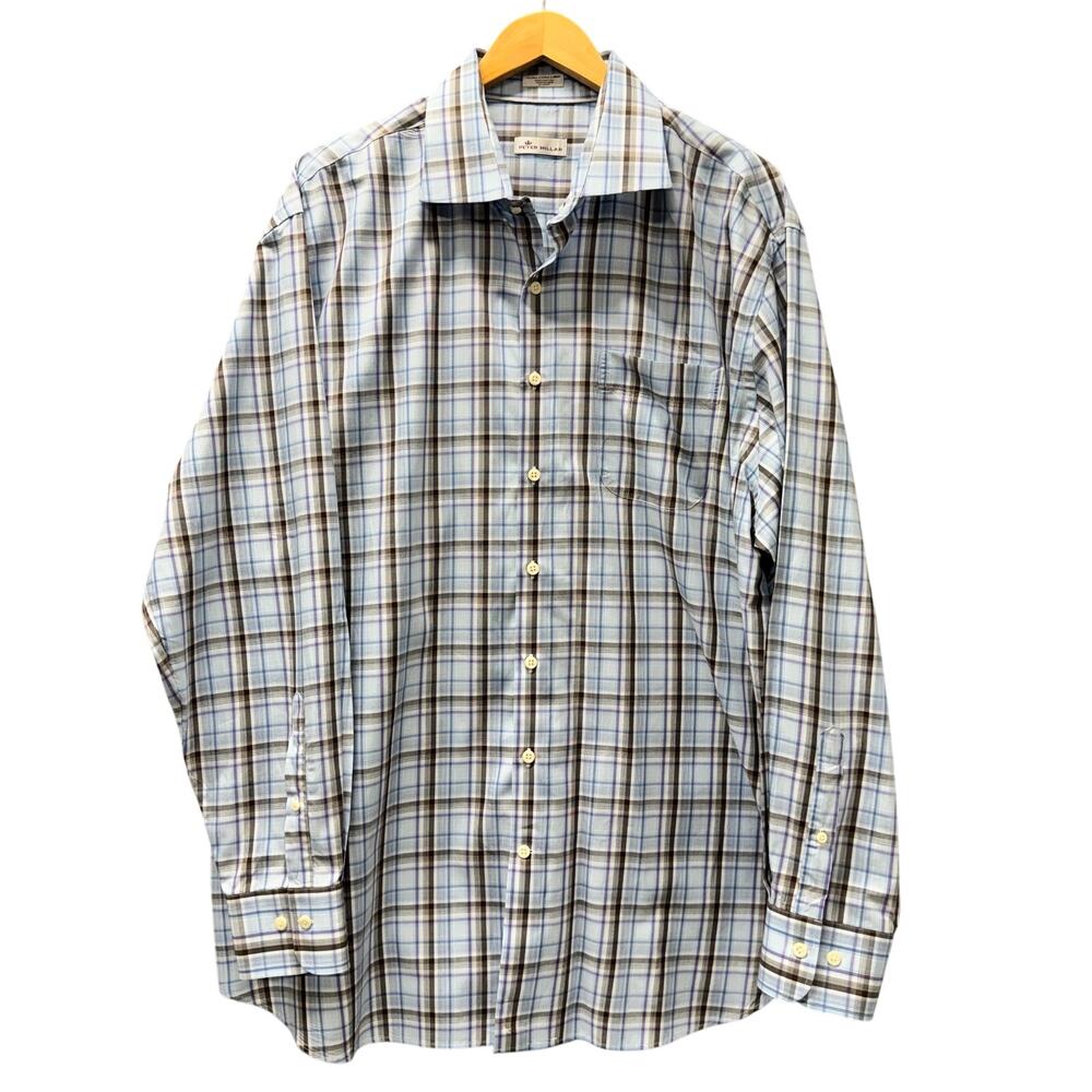 Peter Millar Shirt Mens XXL Blue Plaid Button Up Coastal Cotton Long Sleeve‎